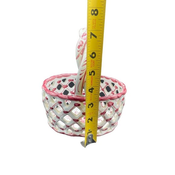 Ceramic Woven Egg Basket Portugal Hand Painted Braided Handle Pink White 7” - Picture 6 of 8